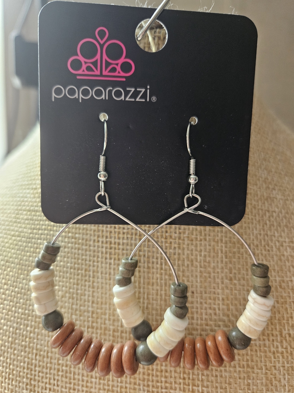 paparazzi Cream, Brown & Green Beaded Hoop Earrings